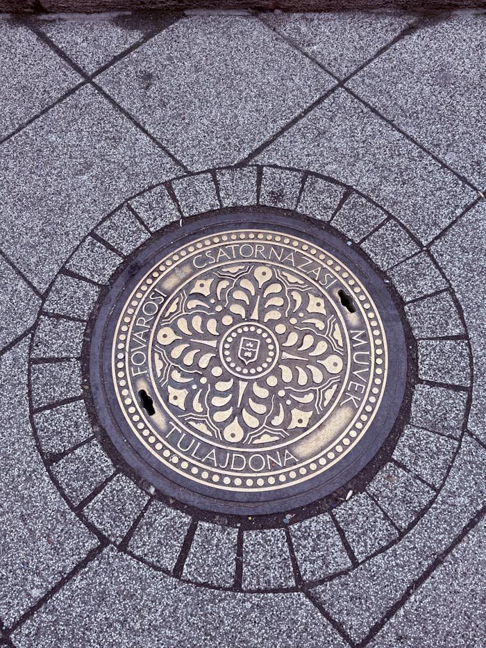 An ornate manhole cover in Budapests historic streets, showcasing intricate design.