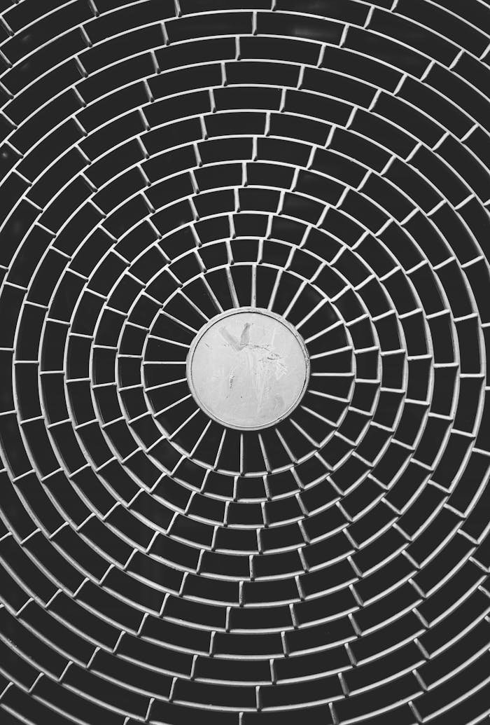 Detailed black and white circular pattern with geometric symmetry creating a modern abstract aesthetic.