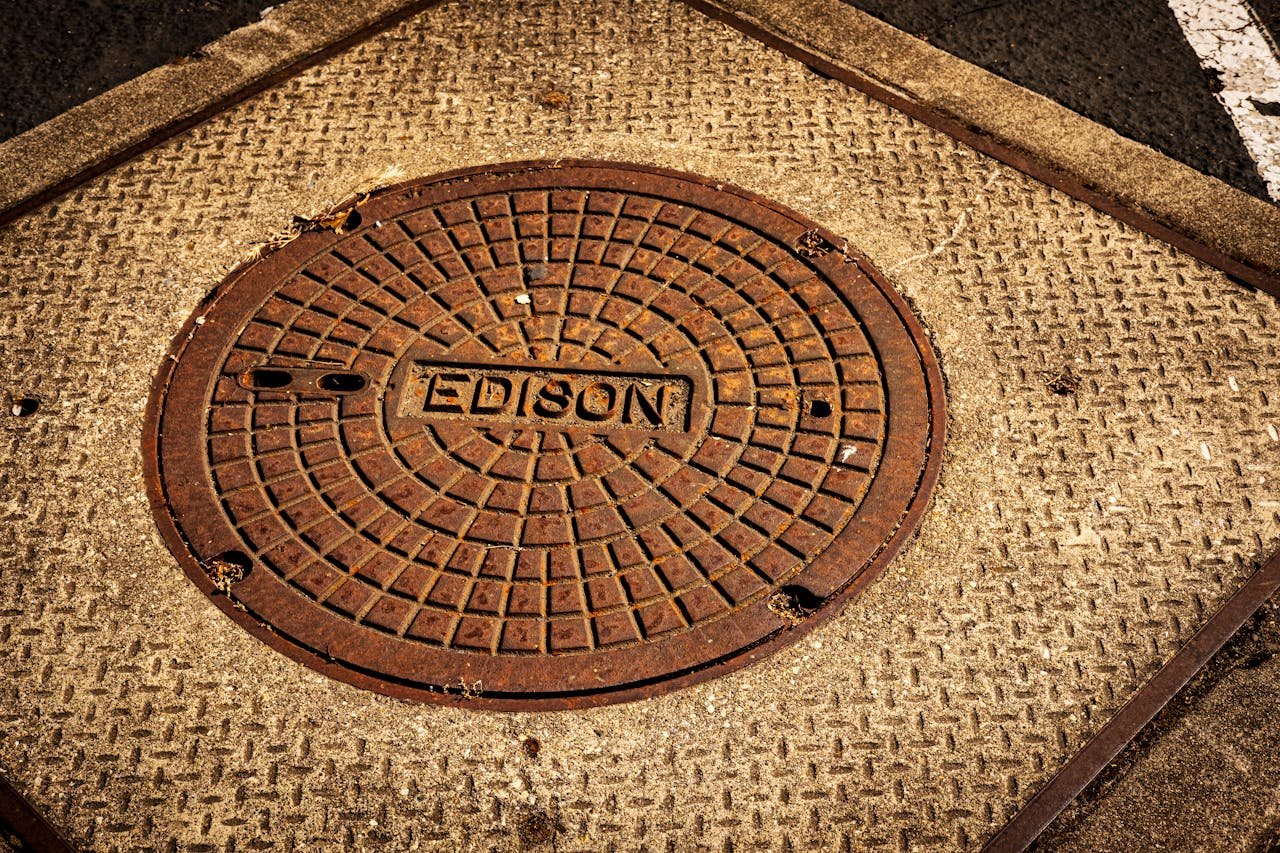 Close-up of a weathered Edison manhole cover on a concrete sidewalk in an urban setting.